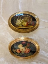 Coppia Di Ovali Con Fiori E Frutta Decalcomanie D’epoca 16 × 12 Cm.