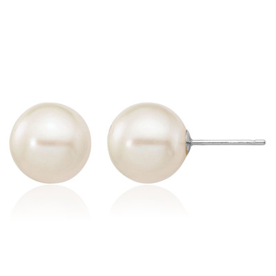10K Solid White Gold 9mm Freshwater Pearl Ball Stud Earrings Prong Set,