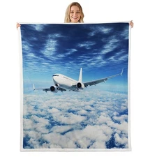 Aircraft Sherpa Throw Blanket Airplane Print Plush Blanket Aircraft Flying Fl...