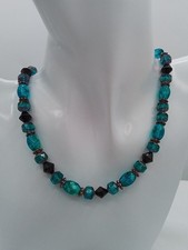 20" GLASS BEADED TEAL OCEAN BLUE BLACK MAGNET CLASP VINTAGE ESTATE NECKLACE