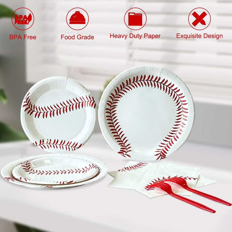 Decoraciones de fiesta de cumpleaños de béisbol, incluye platos, servilletas, remolinos colgantes,... Foto 3 de 4