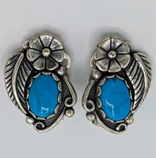 Wheeler Manufacturing Turquoise Clip On Earrings Sterling Silver Floral Scroll