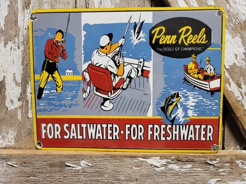 VINTAGE PENN REELS PORCELAIN SIGN OLD FISHING RODS TACKLE LURES BAIT SALTWATER