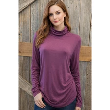 Soft Surroundings Turtleneck M Berry Purple Ruched Top Long Sleeve EUC stretch