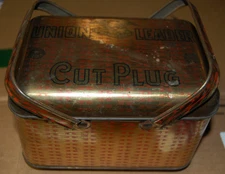 Antique Union Leader Cut Plug EMPTY Tobacco Tin W/ Handle-Lunchbox style