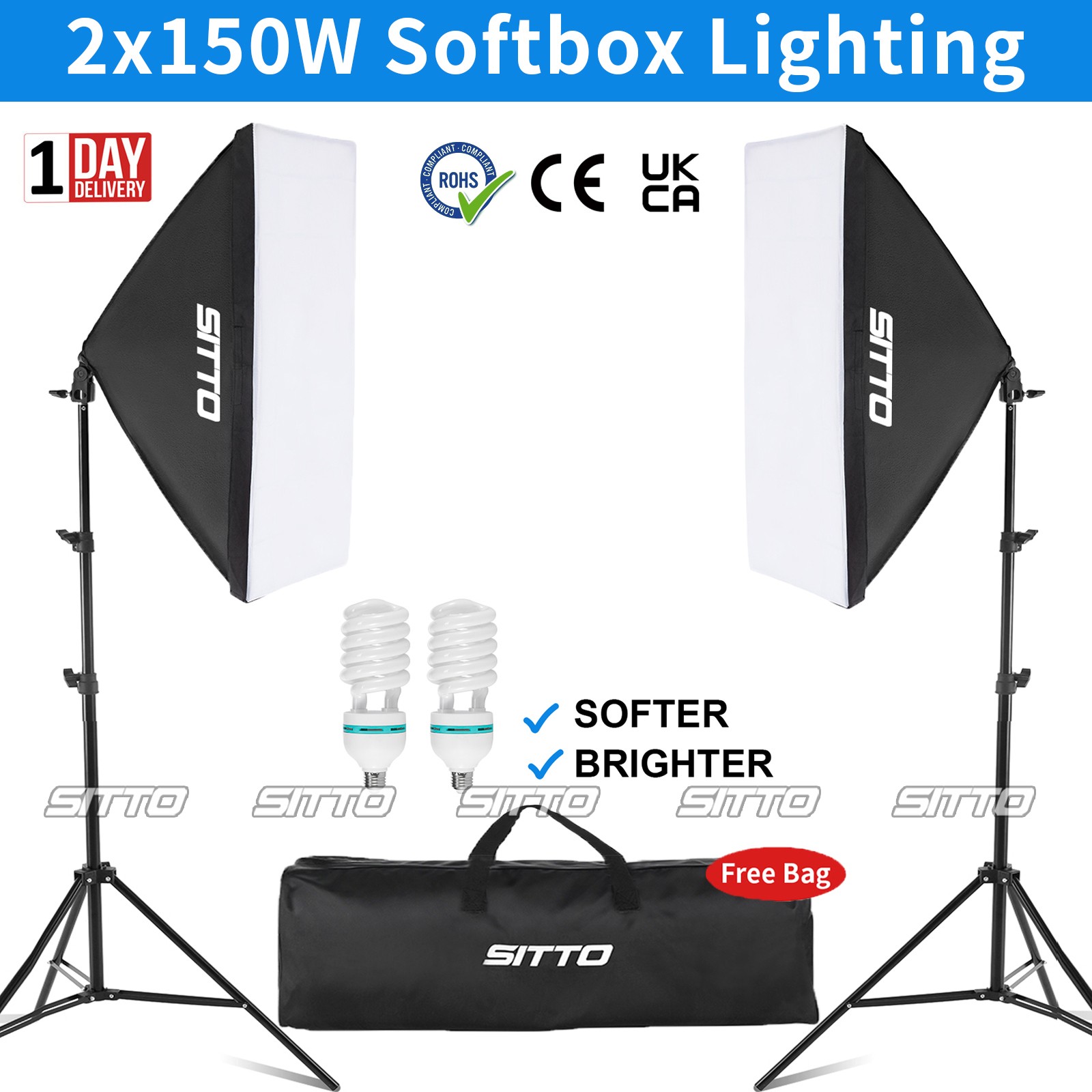 2 X 150W Softbox Lighting Kit Video Photo Soft Box Continuous Light Stand Studio