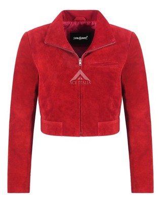 Damen rot Wildleder Leder Cropped tailliert Stil Jacke Reißverschluss Kragen Jacke