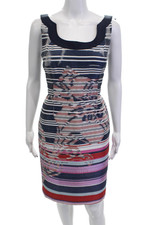 Carolina Herrera Womens Back Zip Scoop Neck Sheath Dress Blue Multi Size 4