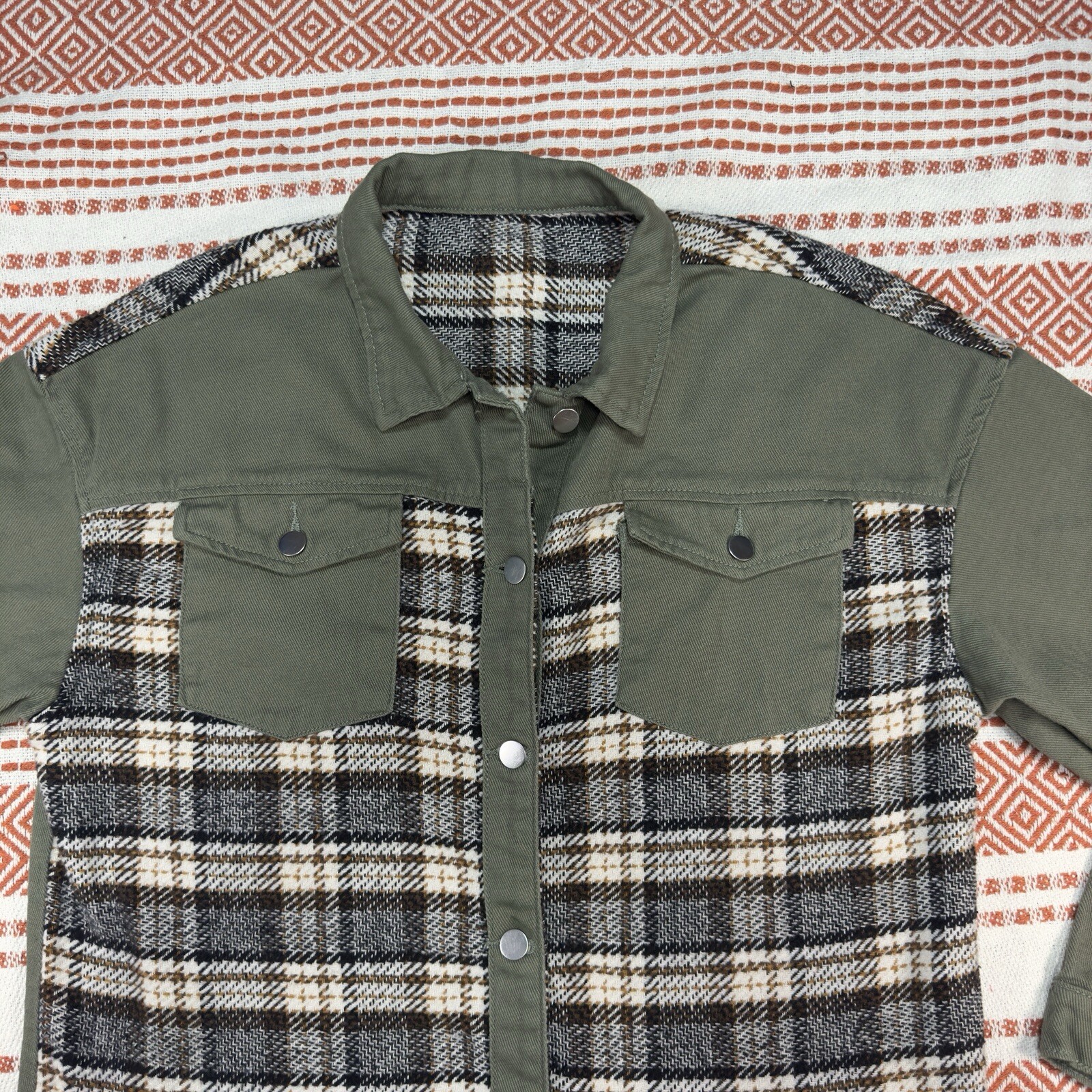 Womens Large Plaid Patchwork Jacket Military Gree… - image 2