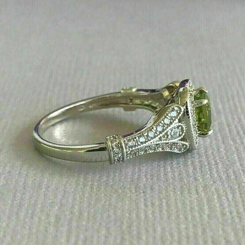 2.00Ct Round Cut Lab-Created Peridot Halo Engagement Ring 14K White Gold Plated - Image 4 of 4