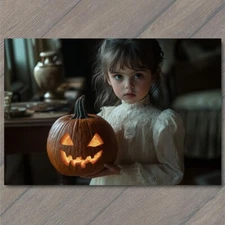 Art Print Young Girl Jack O’Lantern Pumpkin Halloween Vintage Look Creepy Pumpki
