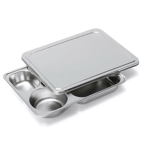 Stainless Steel Lunchbox School Lunch Plate Food Serving Bento Tray &Cover - Picture 8 of 9
