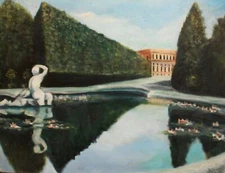 Vintage realist oil painting landscape of a beautiful garden