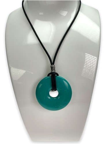 Turquoise Donut Unisex Necklace 35mm Black Leather Cord Stainless Steel Clasp - Picture 6 of 8