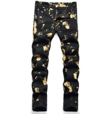 Men's Black Denim Cotton Straight Leg Gold Printed Casual Pants Trousers Punk