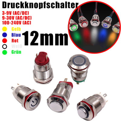 Metal Druckschalter Tastend Rastend LED Beleuchtung Drucktaster Wasserdicht 12mm