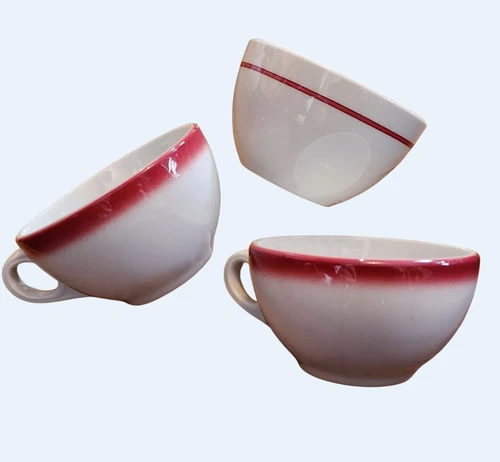 3 Vtg Shenango Restaurant Ware Coffee Cups White w Red Rim or Stripe Design