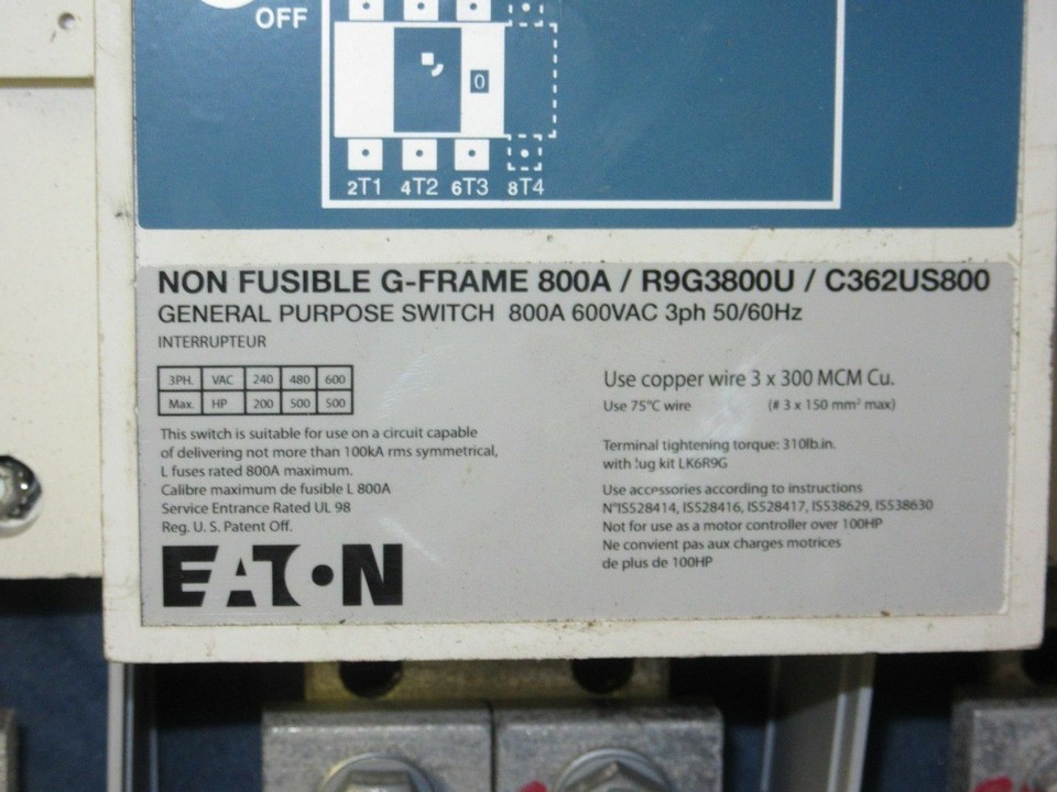 Eaton R9G3800U/C362US800 Non-Fusible G-Frame Molded Case Switch 2 year ...