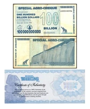 1 Zimbabwe 100 Billion Special Agro Cheque banknote 2008, COA. USA SELLER