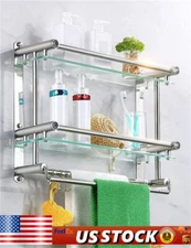 Bathroom Towel Rack with Shelf Hooks 2 Tier Wall Mounted Storage Organizer Rack