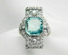 Art Deco 4Ct Ascher Cut Lab-Created Aquamarine Ring 14K White Gold Plated Silver