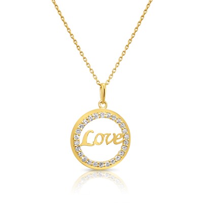14K Real Solid Yellow Gold Dainty Love Script CZ Circle Pendant Necklace 18 in