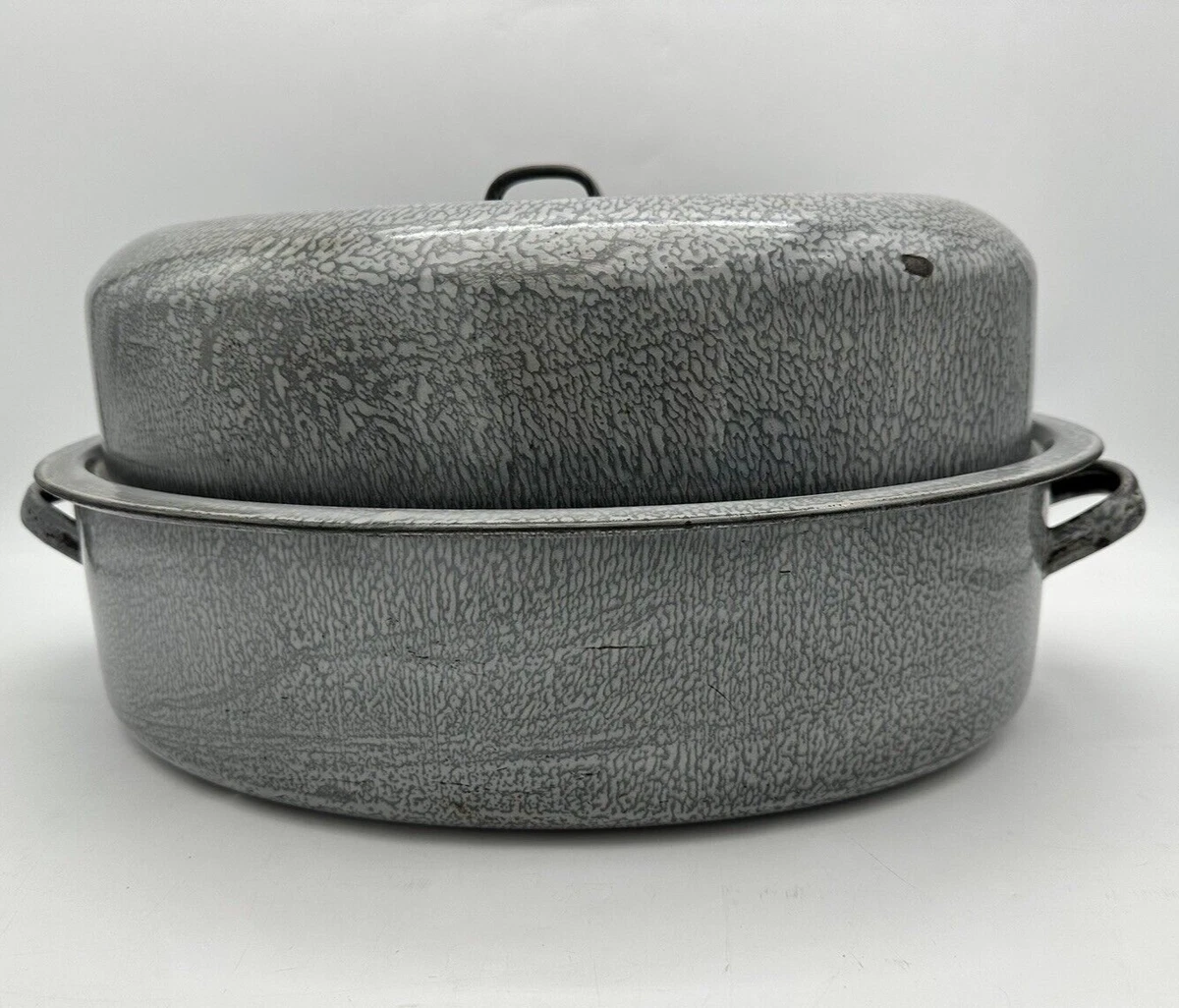 Vintage Graniteware Enamel Roaster Pan Mottled Gray Large Metal Roasting Pot