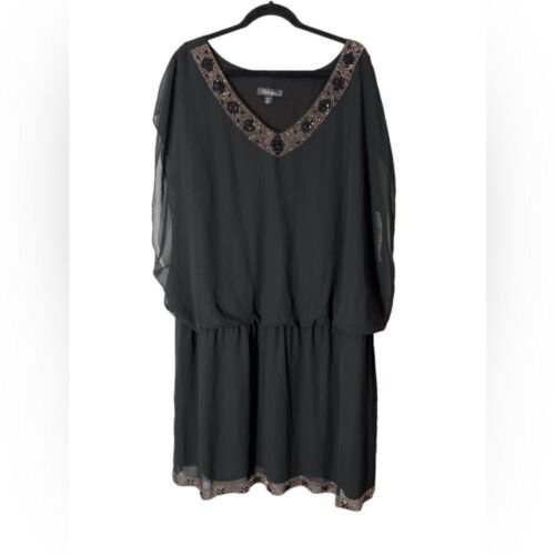 S.L. Fashions midi chiffon dress beaded neck & hem cinched waist black size 24