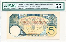 Banque de l Afrique Occidentale French West Africa 5 Francs 1922  PMG  55