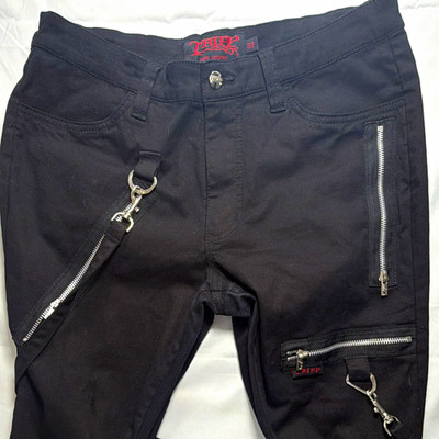 TRIPP NYC Men's Black Punk Solid Jeans Zip Button Strap Buckle Zipper Pockets
