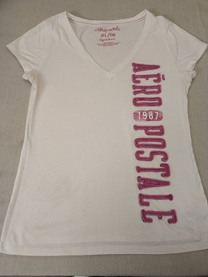 Y2K Aeropostale Women s XL White, Pink V Neck T Shirt Short Sleeve Top 
