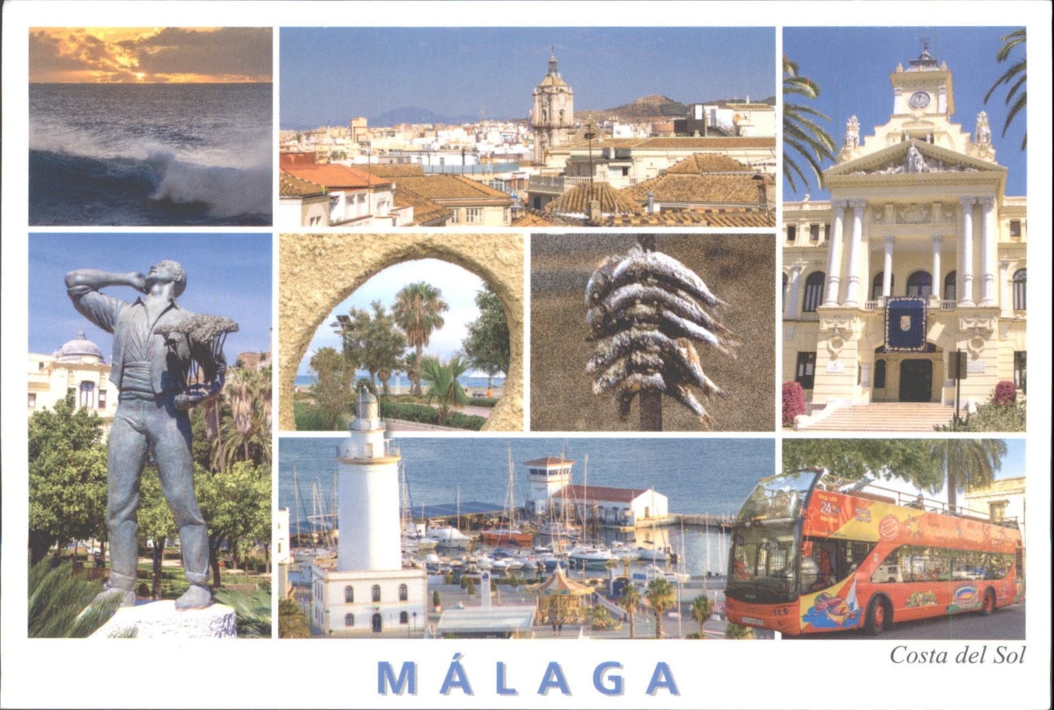 Vintage MÁLAGA Costa del Sol Collage Postcard Spain City Hall Lighthouse Bus