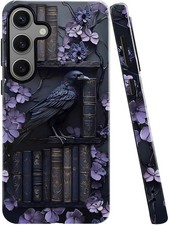 Samsung Galaxy S24 Plus Case, Purple Floral Crow Bookshelf Drop Resistant Cover