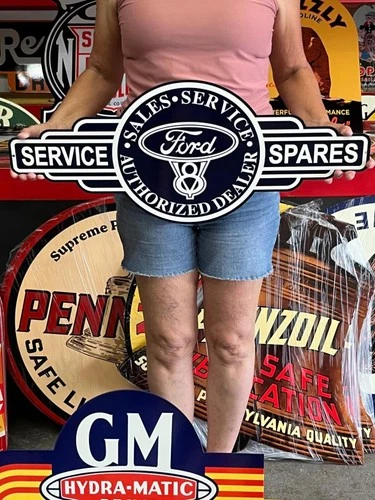 Vintage Old Style Steel Sign Ford Service Spares NOT Porcelain Made USA 29x12