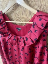 NW3 (Hobbs) Red Silk Dress Size 16 Frill Neck Scottie Dog Print Mini Sleeveless