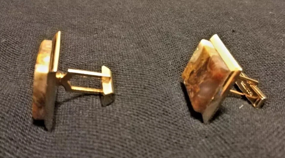 Vintage Cufflinks, mid-century polished (Agate) stone, in gold frame 1940's - Image 4 of 4