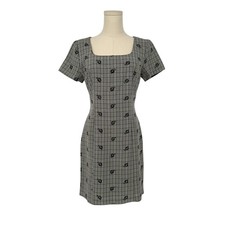 Vintage 1990s Tabloid Plaid Office Siren Square Neck Embroidered Mini Dress Sz 6