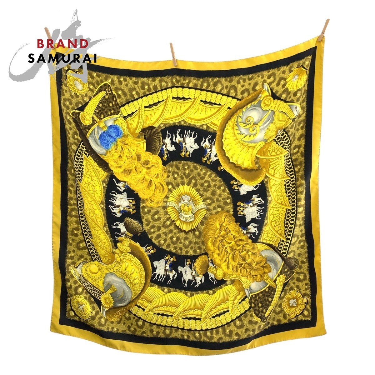 Hermes Casques Et Plumets 90cm Silk Scarf in Yellow and Black 50392