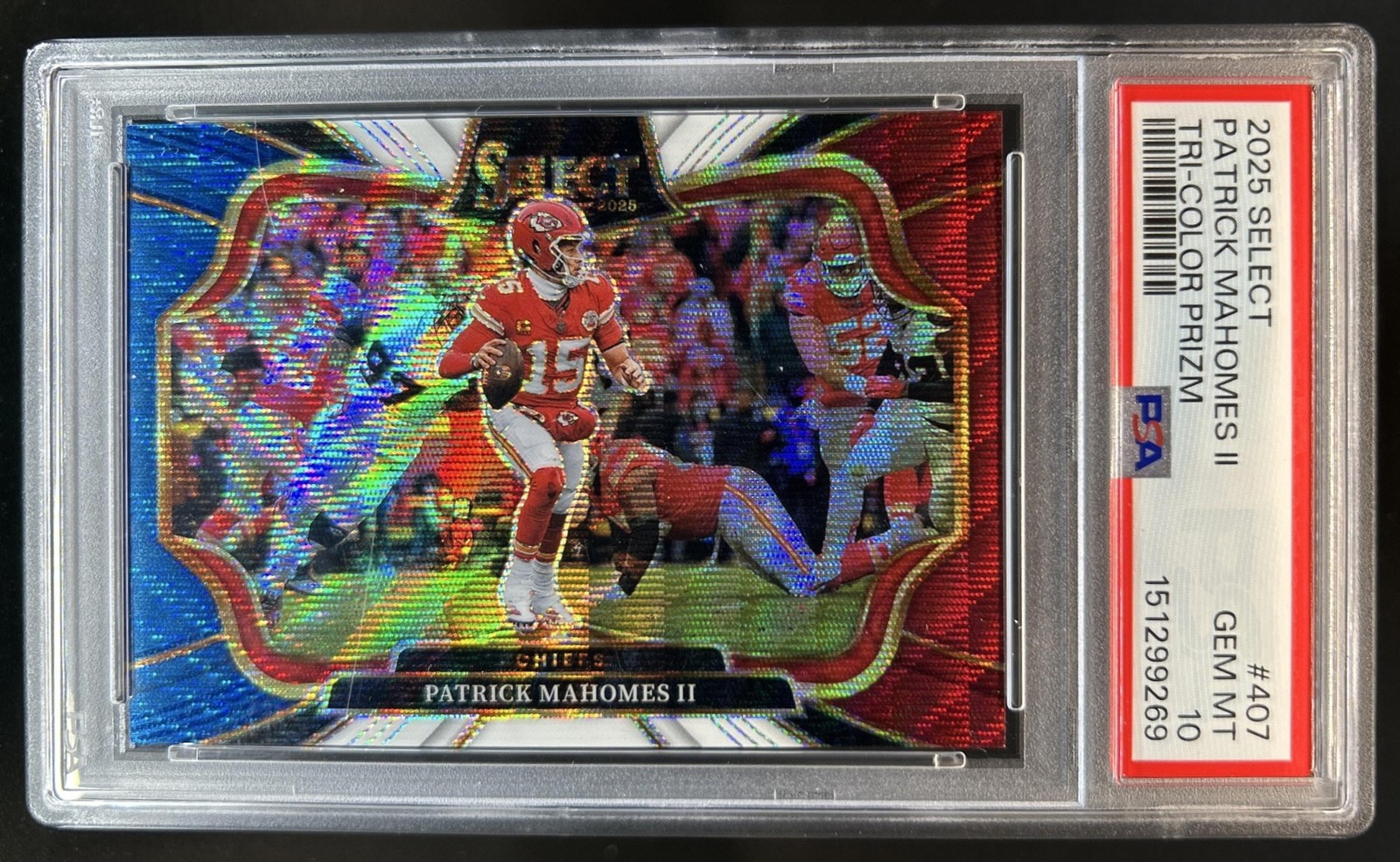 2025 Panini Select Patrick Mahomes II Field Level Tri-Color Prizm #/99 PSA 10 view 1