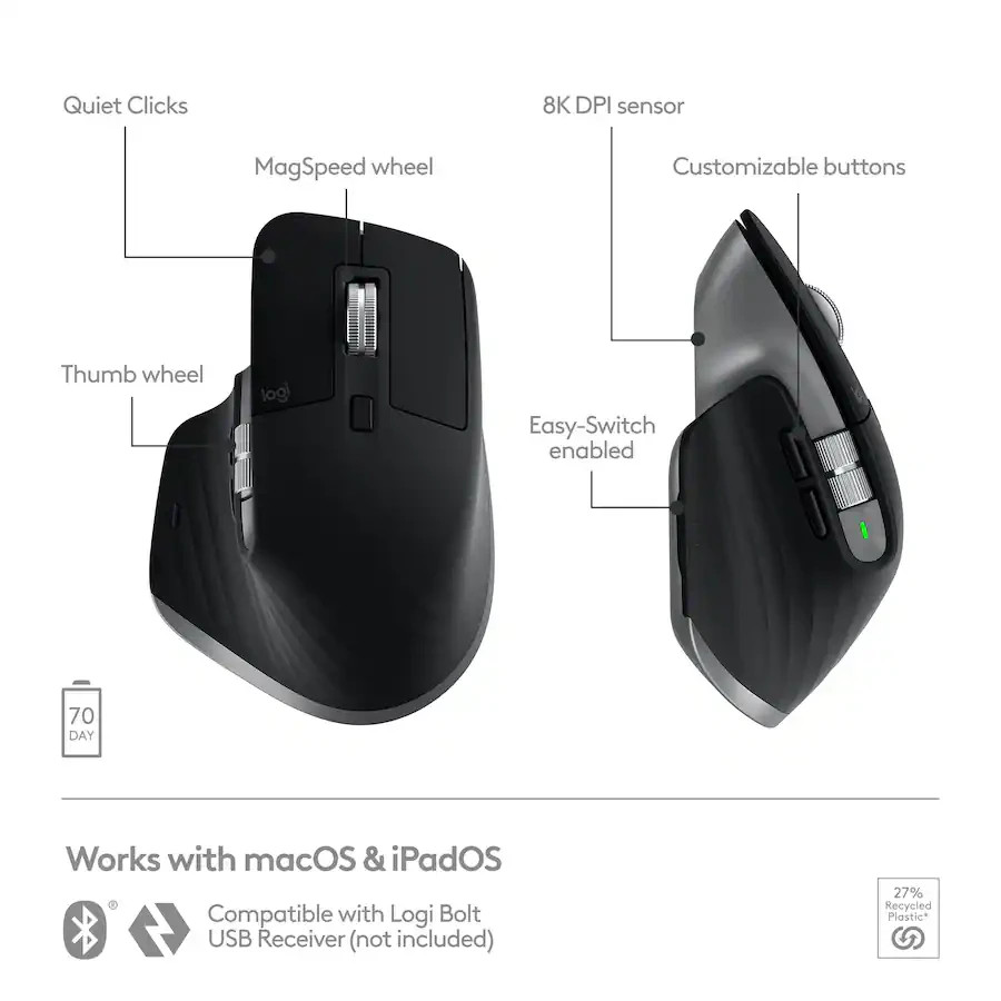 Logitech MX Master 3S for Mac Wireless Bluetooth Laser Mouse