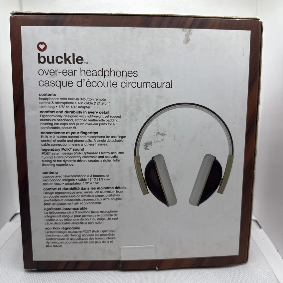 Auriculares sobre la oreja con hebilla Polk marrón caja abierta con cable Foto 2 de 2
