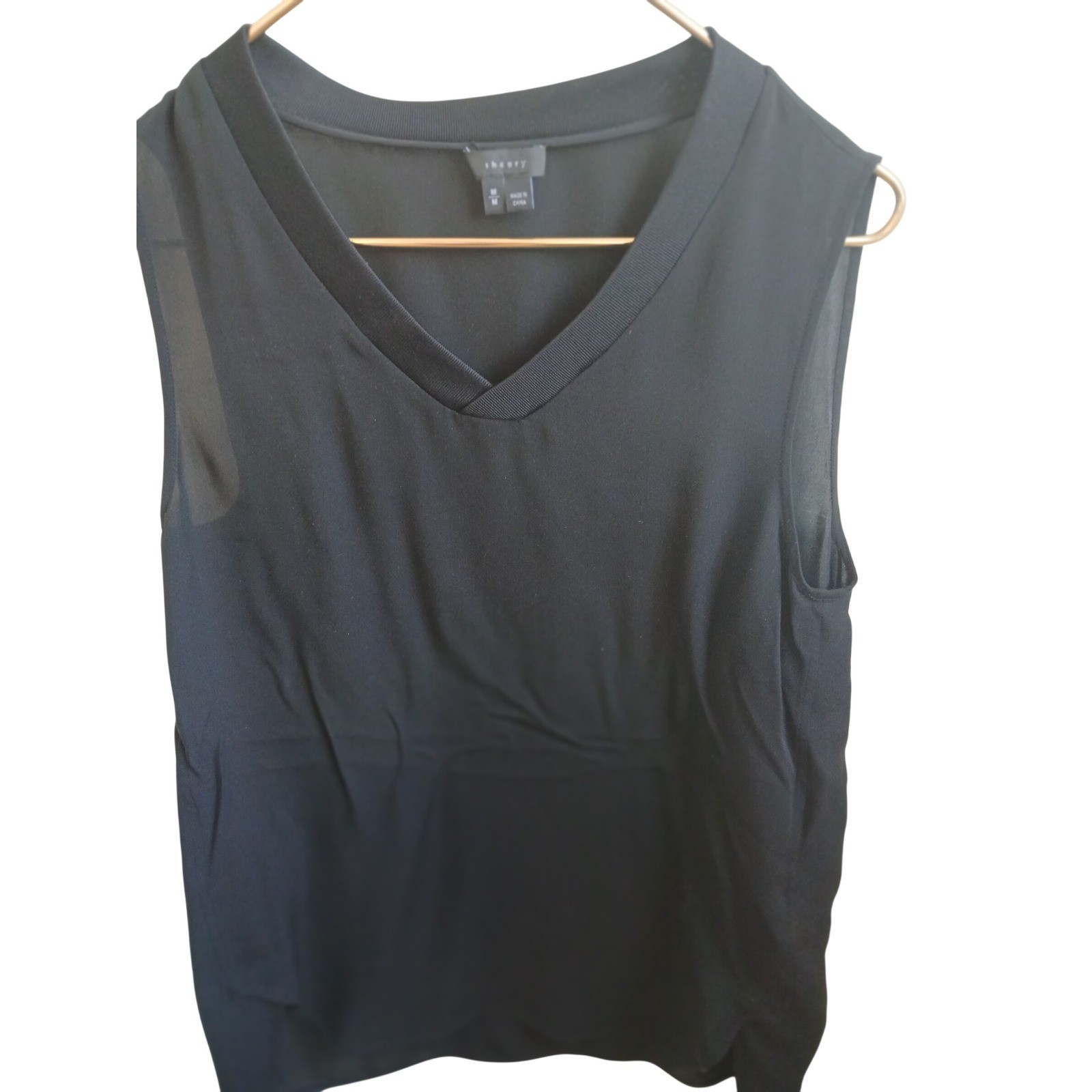 Theory Black Sleeveless V Neck Sheer Overlay Silk Blend Top Womens M