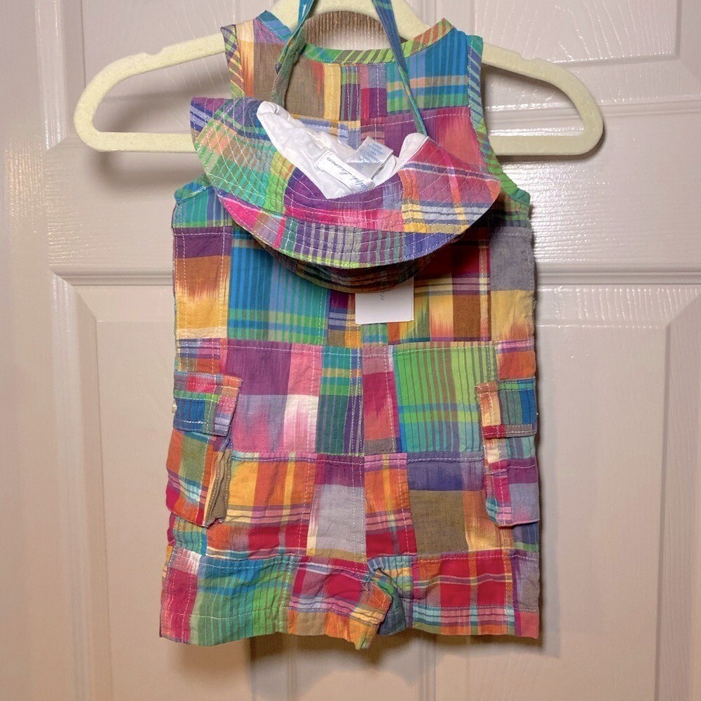 NWT Polo Ralph Lauren Baby Boy Madras Patchwork Romper with Matching Hat Preppy image 4
