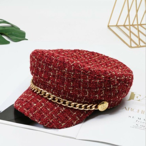 Tweed Plaid Cabbie Hat Chain Flat Military Cap Beret Hat Gatsby Peaked Hat - Picture 11 of 12