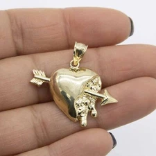 1 1/4" Textured Heart with Arrow Pendant Real Solid 10K Yellow Gold