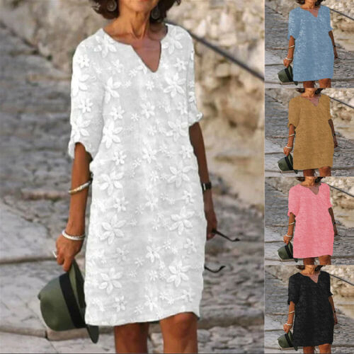 Sundress A-line Boho Dresses Midi Dress Women Summer Short Sleeve Holiday V Neck