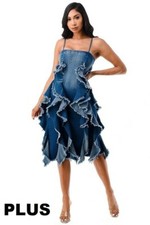 Plus Size Spaghetti Straps Back Zipper Ruffle Flare Mid Denim Dress