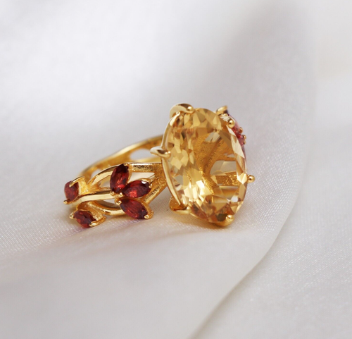 Anillo Aniversario Cóctel Dorado Citrino Oro 14k Delicado Anillo Granate Regalo Ella - Imagen 13 de 15