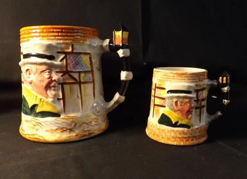 T.H.Sandland Hand Painted Weller & Sairey Gamp Mugs X2 -Lamp Post Handle 5" Tall