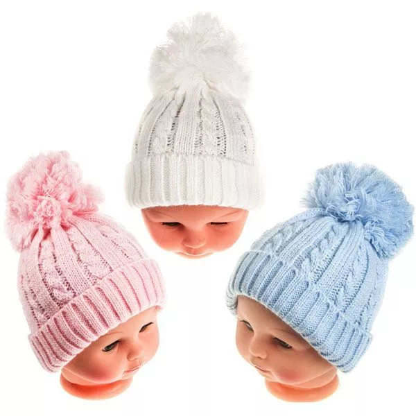 Newborn Baby Boys Girls Warm Winter Hats Turnover Pom Pom Gifts Pink Blue  White